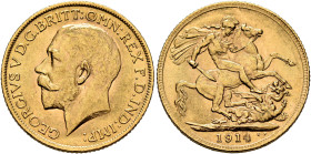 BRITISH, Windsor. George V, 1910-1936. Sovereign 1914 (Gold, 22 mm, 7.98 g, 12 h), London. GEORGIVS V D.G.BRITT:OMN:REX F.D.IND:IMP: Bare head of Geor...