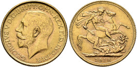 INDIA, Colonial. British India. George V, 1910-1936. Sovereign 1918 I (Gold, 22 mm, 8.00 g, 12 h), Bombay (Mumbai). GEORGIVS V D. G. BRITT:OMN:REX F. ...