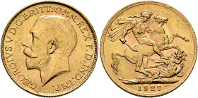 SOUTH AFRICA. Union of South Africa (British Dominion). George V, 1910-1936. Sovereign 1927 SA (Gold, 22 mm, 7.98 g, 12 h), Pretoria. GEORGIVS V D. G....