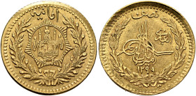 AFGHANISTAN, Kingdom. Aman Allah, AH 1337-1348 / AD 1919-1929. 1/2 Amani AH 1299 = AD 1920 (Gold, 18 mm, 2.32 g, 12 h). National emblem depicting a mo...