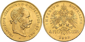 AUSTRIA. Kaisertum Österreich-Ungarn. Franz Josef I, 1867-1916. 4 Florins – 10 Francs (Gold, 19 mm, 3.22 g, 12 h), Wien (Vienna), dated 1892, but a la...