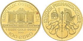 AUSTRIA. Second Republic. 1945-present. 100 Euro (1 oz) 2013 (Gold, 37 mm, 31.12 g, 12 h), Wien (Vienna). REPUBLIK ÖSTERREICH / 1 UNZE GOLD 999.9 / 20...