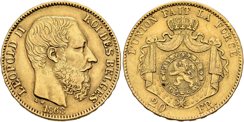 BELGIUM. Léopold II, 1865-1909. 20 Francs 1868 (Gold, 21 mm, 6.42 g, 6 h), Bruxe...