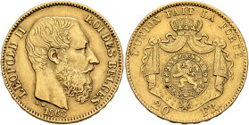 BELGIUM. Léopold II, 1865-1909. 20 Francs 1868 (Gold, 21 mm, 6.42 g, 6 h), Bruxelles (Brussels). LEOPOLD II - ROI DES BELGES Head of Leopold II to rig...