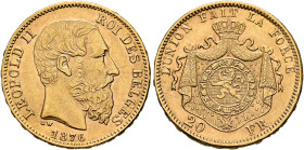 BELGIUM. Léopold II, 1865-1909. 20 Francs 1876 (Gold, 21 mm, 6.44 g, 6 h), Bruxelles (Brussels). LEOPOLD II - ROI DES BELGES Head of Leopold II to rig...