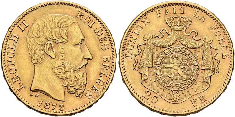 BELGIUM. Léopold II, 1865-1909. 20 Francs 1878 (Gold, 21 mm, 6.44 g, 6 h), Bruxe...