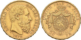 BELGIUM. Léopold II, 1865-1909. 20 Francs 1878 (Gold, 21 mm, 6.44 g, 6 h), Bruxelles (Brussels). LEOPOLD II - ROI DES BELGES Head of Leopold II to rig...