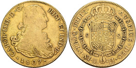 BOLIVIA, Colonial (as Alto Perú). Carlos IV, king of Spain, 1788-1808. 8 Escudos 1807 PTS PJ (Gold, 37 mm, 26.88 g, 12 h), Potosi. CAROL•IIII•D•G• - H...
