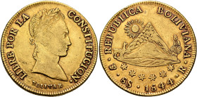 BOLIVIA, Republic. 1825-present. 8 Scudos 1844 PTS R (Gold, 35 mm, 26.87 g, 12 h), Potosi. LIBRE POR LA - CONSTITUCION• / BOLIVAR Laureate head of Sim...