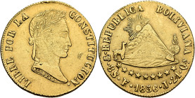 BOLIVIA, Republic. 1825-present. 8 Escudos 1856 PTS FJ (Gold, 34 mm, 27.00 g, 6 h), Potosi. LIBRE POR LA - CONSTITUCION• / BOLIVAR Laureate head of Si...