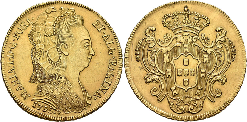 BRAZIL, Colonial. Maria I, queen of Portugal, 1786-1816. Peça 1793 R (Gold, 32 m...