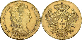 BRAZIL, Colonial. Maria I, queen of Portugal, 1786-1816. Peça 1793 R (Gold, 32 mm, 14.33 g, 12 h), Rio de Janeiro. MARIA•I•D•G•PORT• - ET•ALG•REGINA• ...
