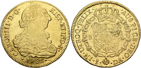 CHILE, Colonial. Carlos III, king of Spain, 1759-1788. 8 Escudos 1788 So DA (Gold, 38 mm, 26.88 g, 12 h), Santiago. CAROL•III•D•G• - HISP•ET IND•R• / ...