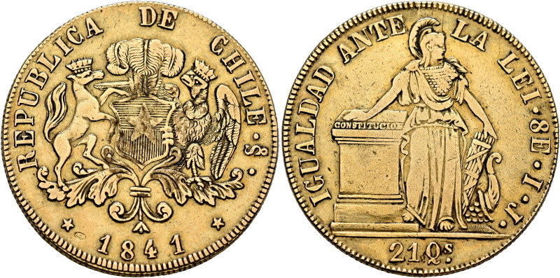 CHILE, Republic. 1818-present. 8 Escudos 1841 IJ (Gold, 34 mm, 26.92 g, 6 h), Sa...