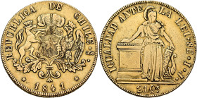 CHILE, Republic. 1818-present. 8 Escudos 1841 IJ (Gold, 34 mm, 26.92 g, 6 h), Santiago. REPUBLICA DE CHILE •S• / ✱ 1841 ✱ Plumed and supported coat of...