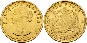 CHILE, Republic. 1818-present. 100 Pesos – 10 Condores 1926 So (Gold, 31 mm, 20.36 g, 6 h), Santiago. REPUBLICA DE CHILE / 1926 Laureate bust of Liber...