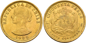 CHILE, Republic. 1818-present. 50 Pesos – 5 Condores 1926 So (Gold, 24 mm, 10.15 g, 6 h), Santiago. REPUBLICA DE CHILE / 1926 Laureate bust of Liberty...