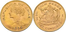 CHILE, Republic. 1818-present. 100 Pesos – 10 Condores 1956 So (Gold, 31 mm, 20.32 g, 6 h), Santiago. REPUBLICA DE CHILE / 1956 Laureate bust of Liber...