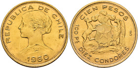 CHILE, Republic. 1818-present. 100 Pesos – 10 Condores 1960 So (Gold, 31 mm, 20.35 g, 9 h), Santiago. REPUBLICA DE CHILE / 1960 Laureate bust of Liber...