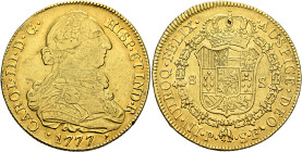 COLOMBIA, Colonial. Carlos III, king of Spain, 1759-1788. 8 Escudos 1777 P SF (Gold, 37 mm, 26.94 g, 12 h), Popayan. CAROL•III•D•G• - HISP•ET IND•R• /...