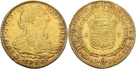 COLOMBIA, Colonial. Carlos IV, king of Spain, 1788-1808. 8 Escudos 1790 NR JJ (Gold, 37 mm, 27.00 g, 12 h), Bogota. CAROL•IV•D•G• - HISP•ET IND•R• / •...