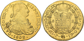 COLOMBIA, Colonial. Carlos IV. 8 Escudos 1802 P JF (Gold, 37 mm, 27.02 g, 12 h), Popayan. CAROL•IIII•D•G• - HISP•ET IND•R• / •1802• Draped and cuirass...