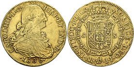 COLOMBIA, Colonial. Carlos IV, king of Spain, 1788-1808. 8 Escudos 1806 NR JJ (Gold, 36 mm, 27.01 g, 12 h), Bogota. CAROL•IIII•D•G• - HISP•ET IND•R• /...