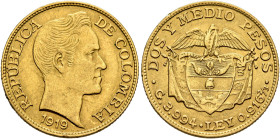 COLOMBIA, Republica de Colombia. 1886-present. 2.5 Pesos 1919 (Gold, 19 mm, 4.00 g, 6 h), Bogota. REPUBLICA DE COLOMBIA / 1919 Bear head of Simon Boli...