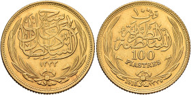 EGYPT. Sultanate. Husayn Kamil, AH 1333-1335 / AD 1914-1917. 100 Piastres AH 1335 = AD 1916 (Gold, 24 mm, 8.46 g, 12 h), Bombay (Mumbai). حسين كامل ال...