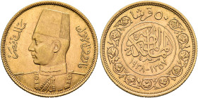 EGYPT. Kingdom. Faruq, AH 1355-1371 / AD 1936-1952. 50 Piastres AH 1357 = AD 1938 (Gold, 20 mm, 4.26 g, 12 h), on the Farouk Royal Wedding – Marriage ...