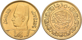 EGYPT. Kingdom. Faruq, AH 1355-1371 / AD 1936-1952. 50 Piastres AH 1357 = AD 1938 (Gold, 20 mm, 4.26 g, 12 h), on the Farouk Royal Wedding – Marriage ...