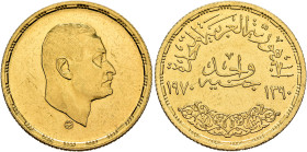 EGYPT. Republic. Anwar Sadat, President, 1970-1979. Pound AH 1396 = AD 1976 (Gold, 24 mm, 8.00 g, 12 h), Cairo. Head of President Nasser to right. Rev...