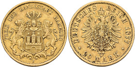 GERMANY. Kaiserreich. Hamburg. Freie und Hansestadt. 20 Mark 1877 J (Gold, 23 mm, 7.92 g, 12 h). FREIE UND HANSESTADT HAMBURG Helmeted coat of arms wi...