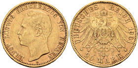 GERMANY. Kaiserreich. Hessen. Ernst Ludwig, 1892-1918. 20 Mark 1901 A (Gold, 23 mm, 7.94 g, 12 h), Berlin. ERNST LUDWIG GROSHERZOG VON HESSEN Bare hea...
