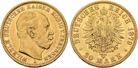 GERMANY. Kaiserreich. Preußen. Wilhelm I, 1871-1888. 20 Mark 1879 A (Gold, 23 mm, 7.90 g, 12 h), Berlin. WILHELM DEUTSCHER KAISER KÖNIG V. PREUSSEN Ba...