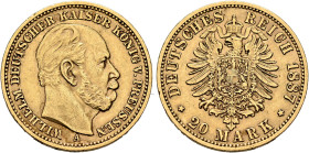 GERMANY. Kaiserreich. Wilhelm I, 1871-1888. Preußen. 20 Mark 1887 A (Gold, 23 mm, 7.93 g, 12 h), Berlin. WILHELM DEUTSCHER KAISER KÖNIG V. PREUSSEN Ba...