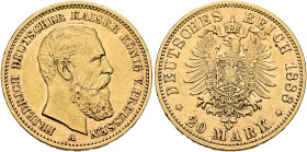 GERMANY. Kaiserreich. Preußen. Friedrich III, 1888. 20 Mark 1888 A (Gold, 23 mm, 7.94 g, 12 h), Berlin. FRIEDRICH DEUTSCHER KAISER KÖNIG V. PREUSSEN B...