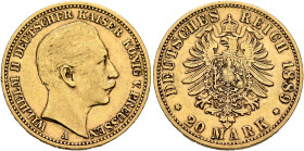GERMANY. Kaiserreich. Preußen. Wilhelm II, 1888-1918. 20 Mark 1889 A (Gold, 23 mm, 7.94 g, 12 h), Berlin. WILHELM II DEUTSCHER KAISER KÖNIG V. PREUSSE...
