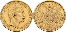 GERMANY. Kaiserreich. Preußen. Wilhelm II, 1888-1918. 20 Mark 1904 A (Gold, 23 mm, 7.98 g, 12 h), Berlin. WILHELM II DEUTSCHER KAISER KÖNIG V. PREUSSE...