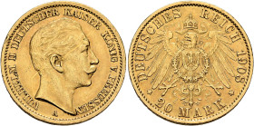 GERMANY. Kaiserreich. Preußen. Wilhelm II, 1888-1918. 20 Mark 1908 A (Gold, 23 mm, 7.95 g, 12 h), Berlin. WILHELM II DEUTSCHER KAISER KÖNIG V. PREUSSE...
