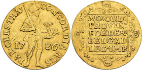 LOW COUNTRIES. Republiek der Zeven Verenigde Nederlanden (Dutch Republic). 1581-1795. Ducat 1786 (Gold, 22 mm, 3.33 g, 12 h), Utrecht. CONCORDIA•RES -...