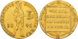 NETHERLANDS. William II, 1840-1849. Ducat 1841 (Gold, 21 mm, 3.49 g, 6 h), Utrecht. CONCORDIA RES - PARVAE CRESCUNT / 18-41 Knight standing right, hol...
