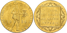 NETHERLANDS. Wilhelmina, 1890-1948. Ducat 1928 (Gold, 21 mm, 3.50 g, 12 h), Utrecht. CONCORDIA RES - PARVAE CRESCUNT / 19-28 Knight standing right, ho...