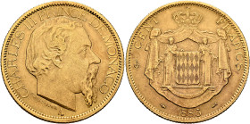 MONACO. Charles III, 1856-1889. 100 Francs 1886 A (Gold, 35 mm, 32.25 g, 6 h), Paris. CHARLES III PRINCE DE MONACO / A Bare head of Charles III to rig...