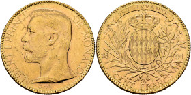 MONACO. Albert I, 1889-1922. 100 Francs 1891 A (Gold, 35 mm, 32.24 g, 6 h), Paris. ALBERT I PRINCE DE MONACO Draped bust of Albert I to left. Rev. DEO...