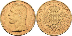 MONACO. Albert I, 1889-1922. 100 Francs 1901 A (Gold, 35 mm, 32.27 g, 6 h), Paris. ALBERT I PRINCE DE MONACO Draped bust of Albert I to left. Rev. DEO...