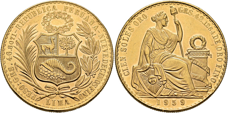 PERU, Republic. 1822-present. 100 Soles Oro 1959 (Gold, 37 mm, 46.74 g, 6 h), Li...