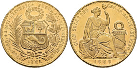 PERU, Republic. 1822-present. 100 Soles Oro 1959 (Gold, 37 mm, 46.74 g, 6 h), Lima. PESOS : GRS. 46.8071 - REPUBLICA PERUANA - NUEVE DECIMOS FINO / LI...