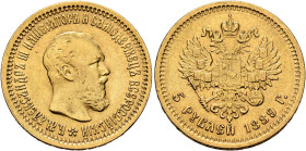 RUSSIA, Tsars of Russia. Aleksandr III Aleksandrovich, 1881-1894. 5 Roubles 1889 (Gold, 21 mm, 6.45 g, 12 h), St. Petersburg. Б.М.АЛЕКСАНДРЪ III ИМПЕР...