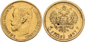 RUSSIA, Tsars of Russia. Nikolai II Aleksandrovich, 1894-1917. 5 Roubles 1897 (Gold, 18 mm, 4.27 g, 12 h), St. Petersburg. Б.М.НИКОЛАЙ II ИМПЕРАТОРЪ И...